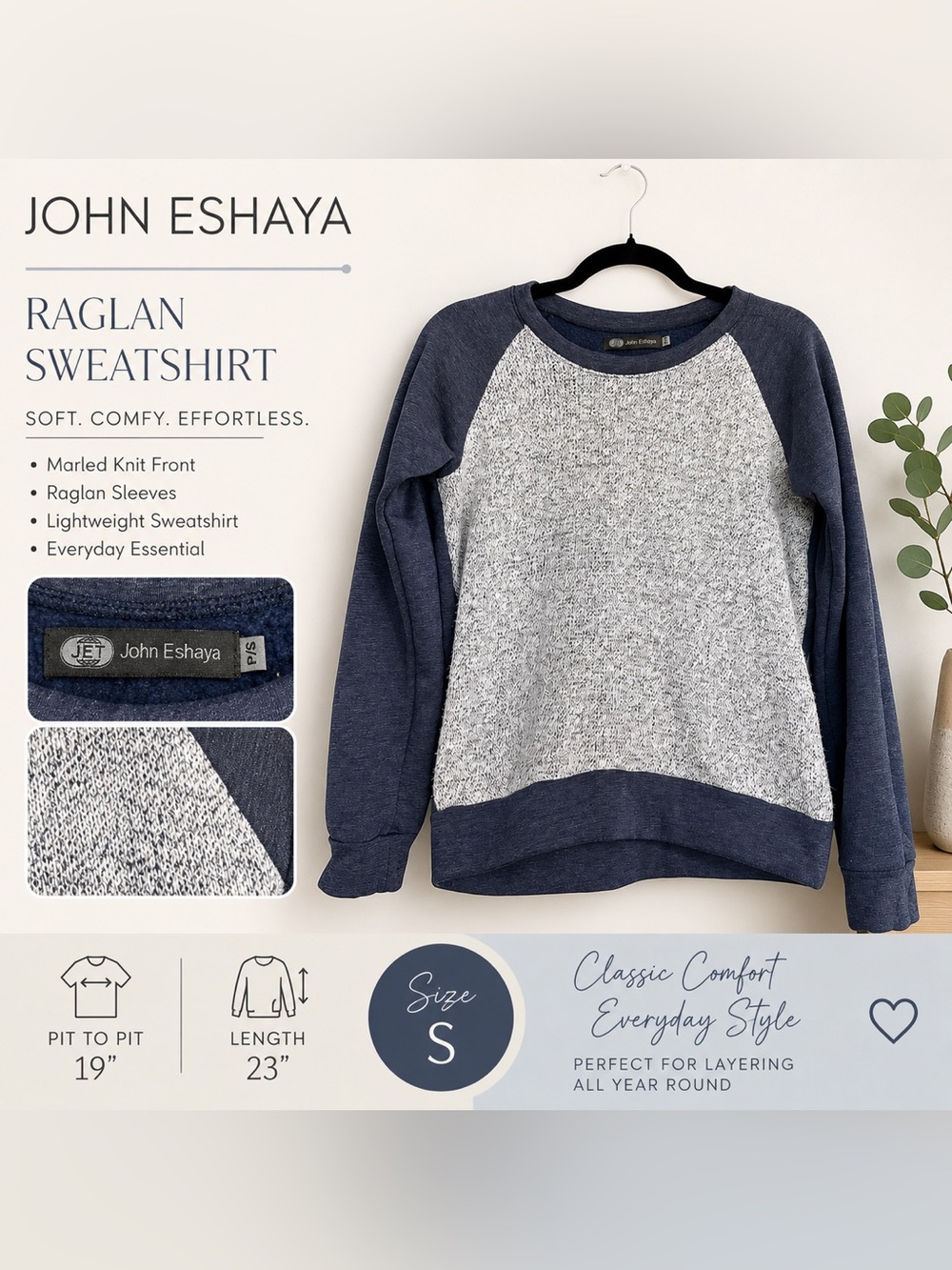 JET John Eshaya Blue Gray Raglan Sweatshirt Pullover Marled Knit Front Size S